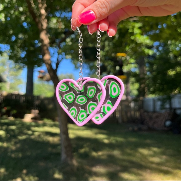 Handmade Psychedelic Polymer Clay Heart Statement Earrings - Picture 5 of 17